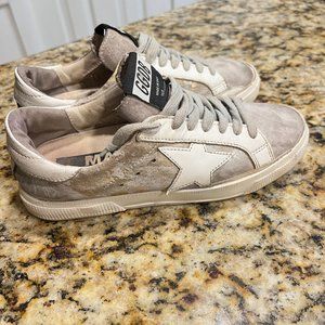 Golden Goose White/Gray Distressed Pony Hair May Lace Up Sneakers sz 7/ IT 37